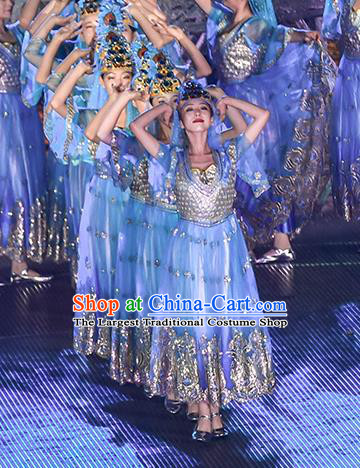 Mu Lan Qiu Xian Ceremony Chinese Classical Dance Blue Dress Stage Performance Dance Costume and Headpiece for Women