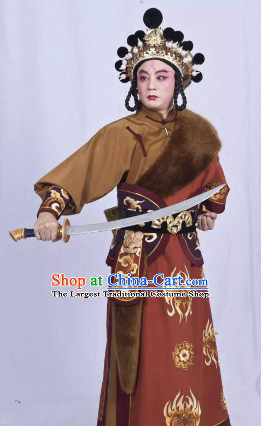 Mei Hua Zan Chinese Beijing Opera Takefu Brown Clothing Stage Performance Dance Costume and Headpiece for Men