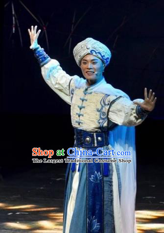 Drama Qian Yun Cliff Chinese Zhuang Nationality Bridegroom Clothing Stage Performance Dance Costume and Headpiece for Men