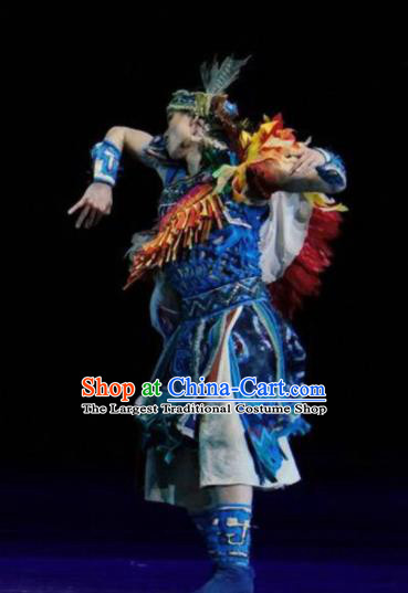 Hundred Bird Dress Chinese Ethnic Dance Blue Clothing Stage Performance Dance Costume and Headpiece for Men