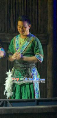 Hometown of Dragon Boat Tune Chinese Tujia Nationality Green Clothing Stage Performance Dance Costume and Headpiece for Men