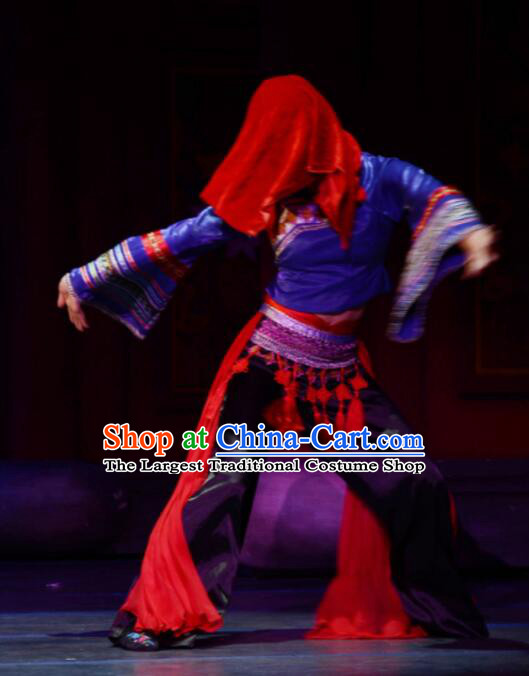 Gucuo Marriage Chinese Folk Dance Blue Dress Stage Performance Dance Costume and Headpiece for Women