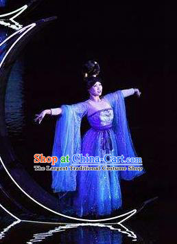 Return To the Three Gorges Chinese Classical Dance Blue Dress Stage Performance Costume and Headpiece for Women