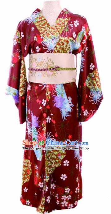 Traditional Japanese Printing Chrysanthemum Wine Red Kimono Asian Japan Yukata Dress for Women