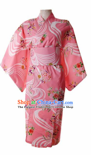 Traditional Japanese Printing Cherry Blossom Pink Kimono Asian Japan Yukata Dress for Women