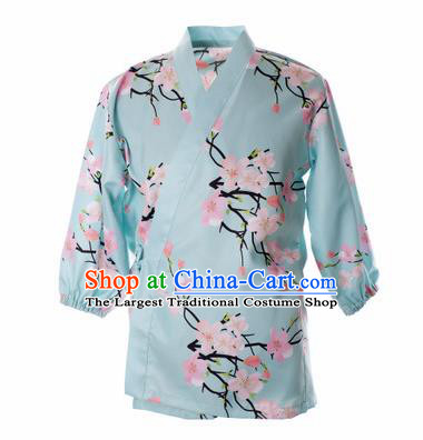 Traditional Japanese Printing Peach Flowers Blue Shirt Kimono Asian Japan Costume for Men