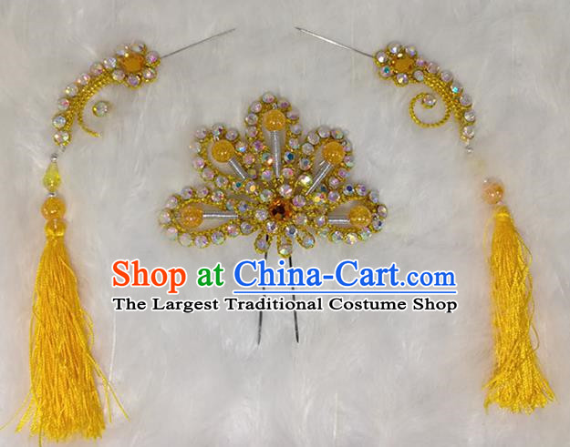 Chinese Traditional Beijing Opera Hair Accessories Peking Opera Yellow Flower Hairpins Tassel Step Shake for Adults