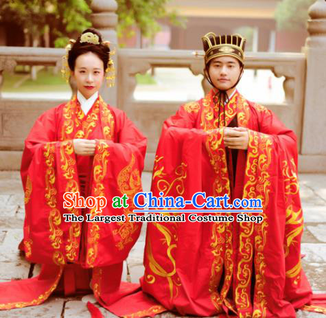 Chinese Ancient Han Dynasty Bride and Bridegroom Wedding Historical Costumes Complete Set