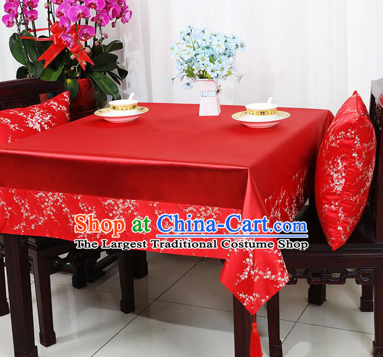 Chinese Traditional Plum Blossom Pattern Red Brocade Table Cloth Classical Satin Household Ornament Desk Cover