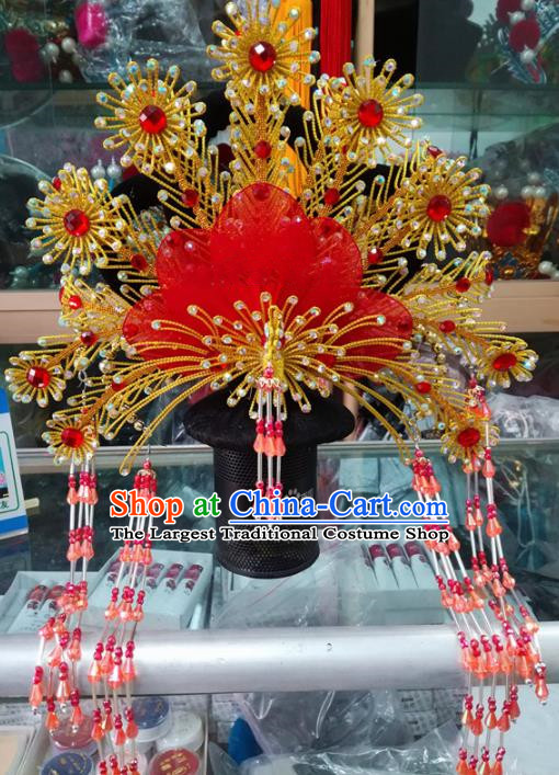 Chinese Traditional Beijing Opera Red Beads Tassel Phoenix Coronet Princess Hair Accessories for Adults