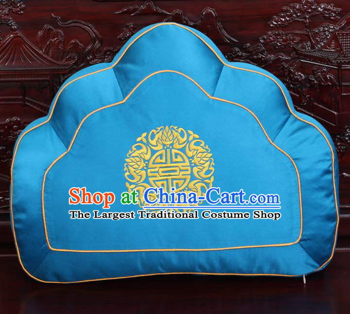 Chinese Traditional Embroidered Pattern Blue Brocade Back Cushion Cover Classical Household Ornament