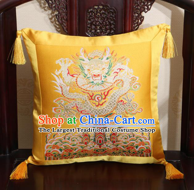 Chinese Classical Dragon Pattern Golden Brocade Square Cushion Cover Traditional Household Ornament