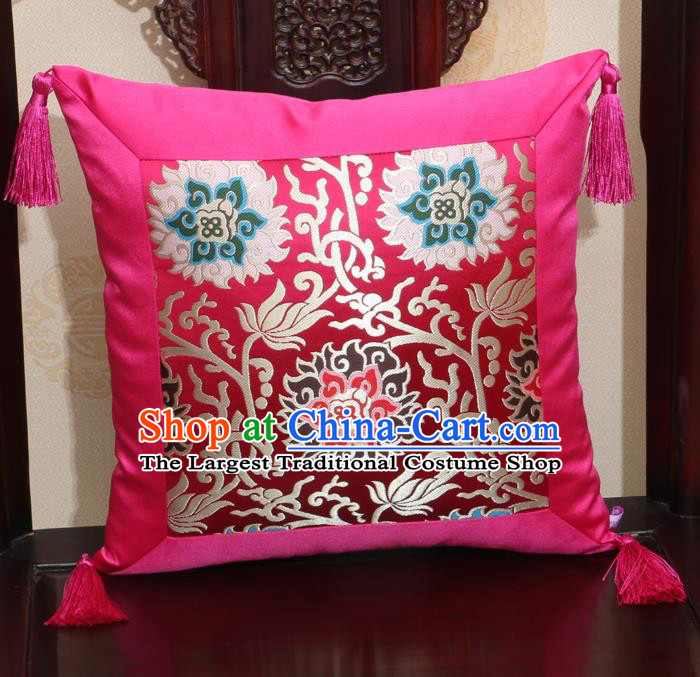 Chinese Classical Lotus Pattern Rosy Brocade Square Cushion Cover Traditional Household Ornament