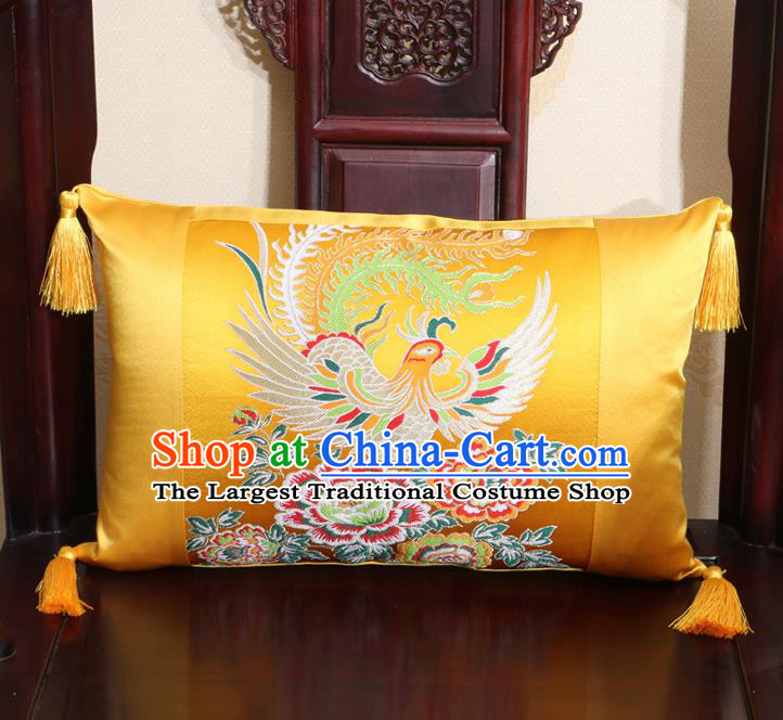 Chinese Traditional Phoenix Peony Pattern Golden Brocade Back Cushion Cover Classical Household Ornament