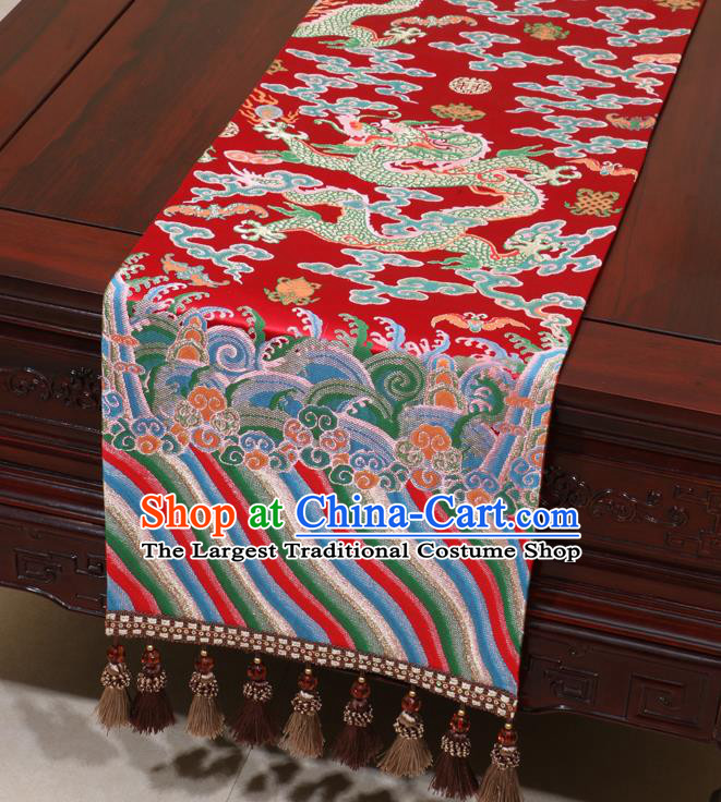 Chinese Traditional Dragon Pattern Red Brocade Table Flag Classical Satin Household Ornament Table Cover