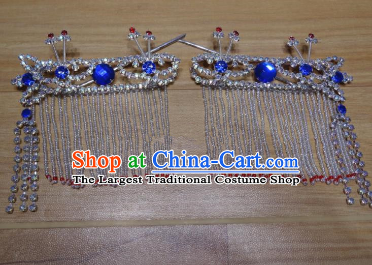 Chinese Traditional Beijing Opera Diva Sidebums Royalblue Tassel Hairpins Princess Hair Accessories for Adults