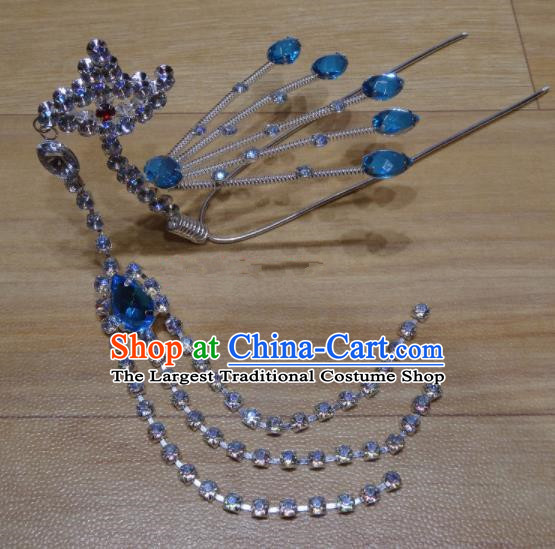 Chinese Traditional Beijing Opera Diva Blue Crystal Phoenix Tassel Hairpins Princess Hair Accessories for Adults