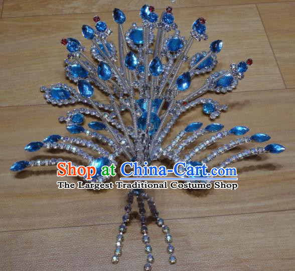 Chinese Traditional Beijing Opera Phoenix Hairpins Princess Blue Crystal Hair Accessories for Adults