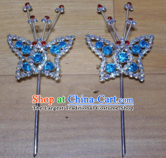 Chinese Traditional Beijing Opera Butterfly Hairpins Princess Blue Crystal Hair Accessories for Adults