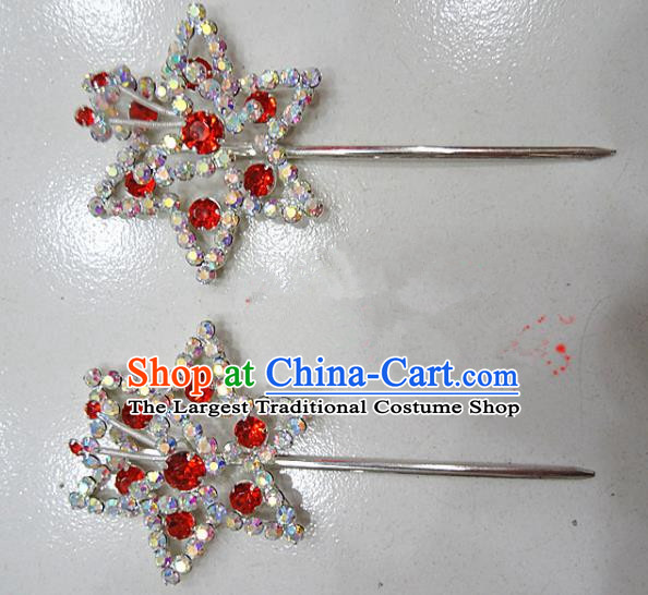 Chinese Traditional Beijing Opera Diva Red Crystal Hexagon Hairpins Princess Hair Clip Hair Accessories for Adults