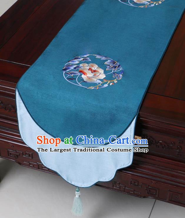 Chinese Traditional Embroidered Peony Blue Brocade Table Cloth Classical Satin Household Ornament Table Flag