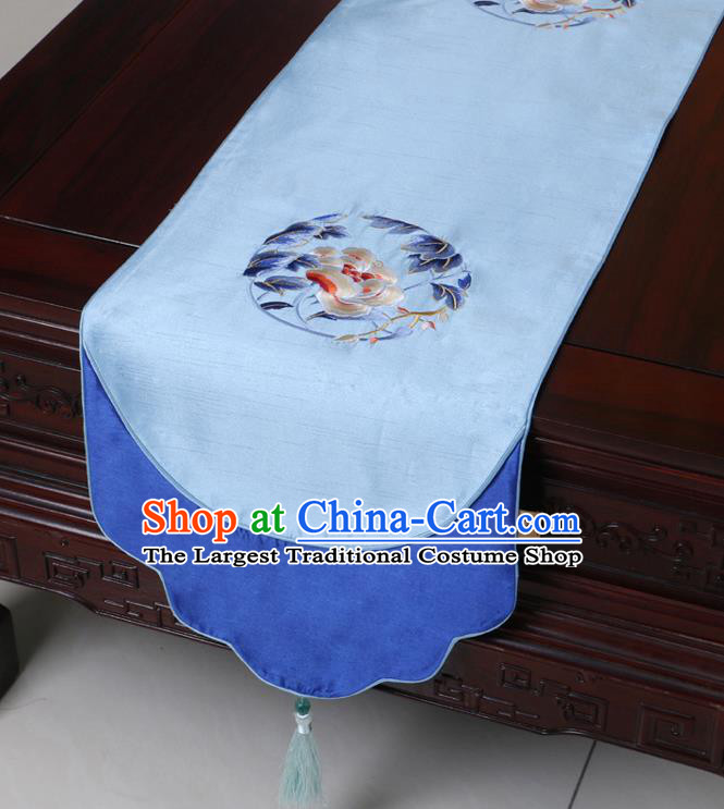 Chinese Traditional Embroidered Peony Blue Brocade Table Cloth Classical Satin Household Ornament Table Flag