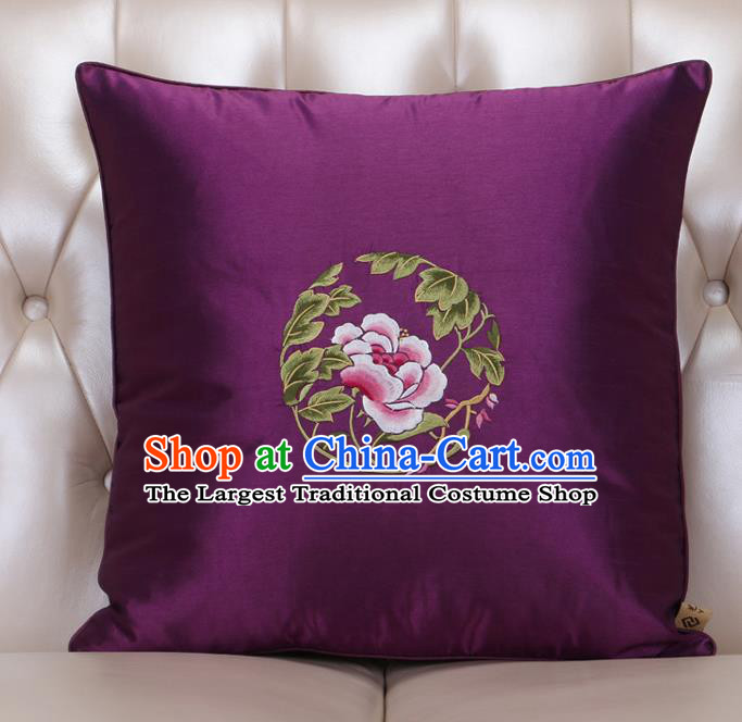 Chinese Traditional Embroidered Peony Purple Brocade Back Cushion Cover Classical Household Ornament