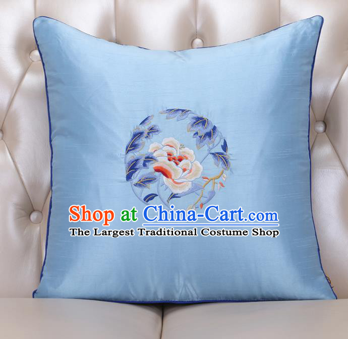 Chinese Traditional Embroidered Peony Blue Brocade Back Cushion Cover Classical Household Ornament