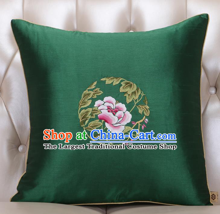 Chinese Traditional Embroidered Peony Green Brocade Back Cushion Cover Classical Household Ornament