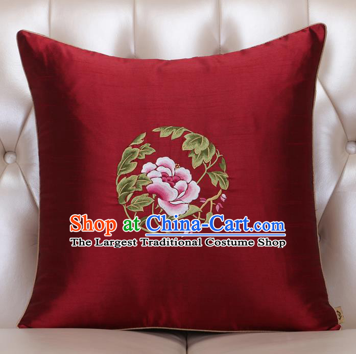 Chinese Traditional Embroidered Peony Purplish Red Brocade Back Cushion Cover Classical Household Ornament