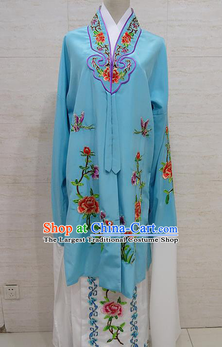 Chinese Traditional Beijing Opera Embroidered Peony Blue Dress Peking Opera Diva Costume for Adults