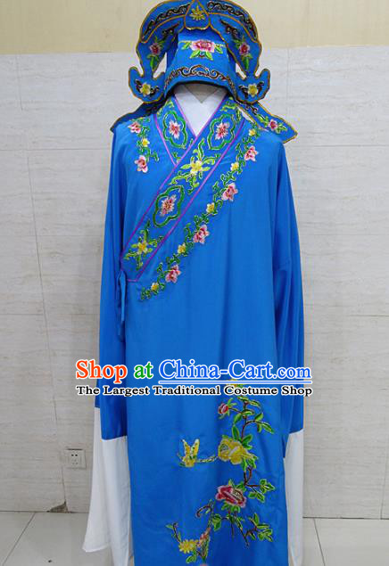 Professional Chinese Beijing Opera Niche Embroidered Peony Deep Blue Robe Traditional Peking Opera Scholar Costume for Adults