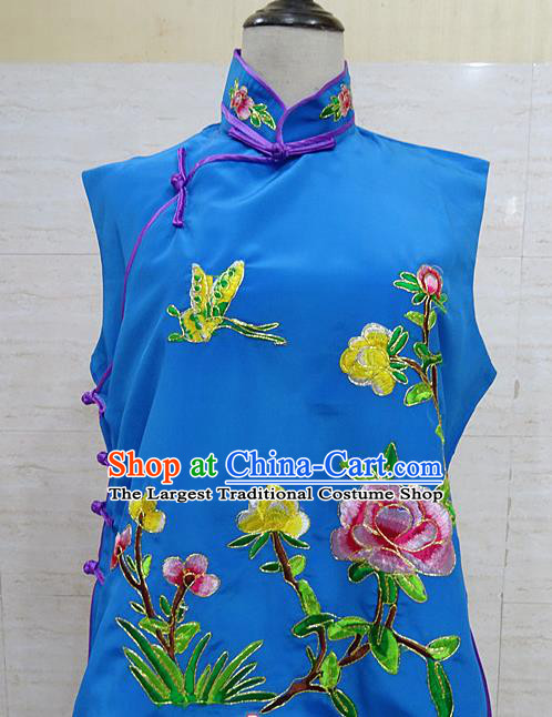 Chinese Traditional Beijing Opera Embroidered Peony Deep Blue Waistcoat Peking Opera Maidservants Costume for Adults