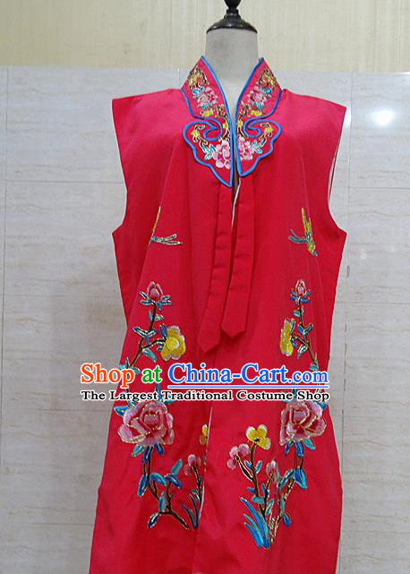 Chinese Traditional Beijing Opera Maidservants Rosy Embroidered Peony Waistcoat Peking Opera Costume for Adults