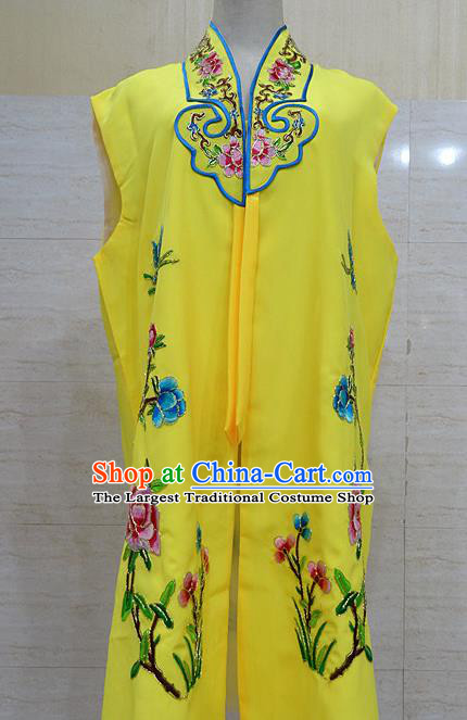 Chinese Traditional Beijing Opera Maidservants Yellow Embroidered Peony Waistcoat Peking Opera Costume for Adults