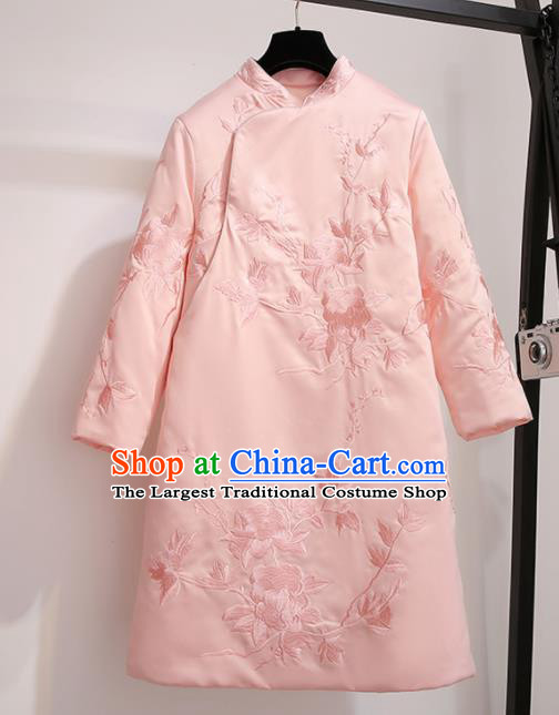 Chinese Traditional Tang Suit Costume Pink Cotton Wadded Qipao Dress Cheongsam for Women