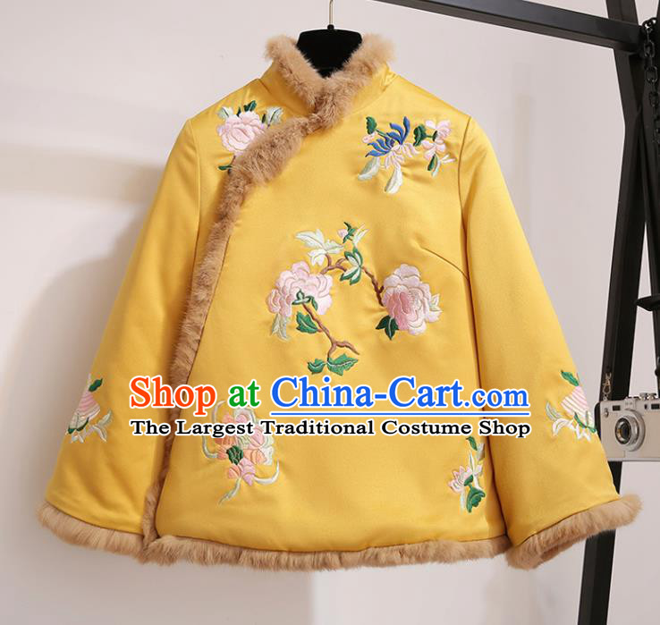 Chinese Traditional Costume Tang Suit Yellow Cotton Wadded Jacket Cheongsam Upper Outer Garment for Women