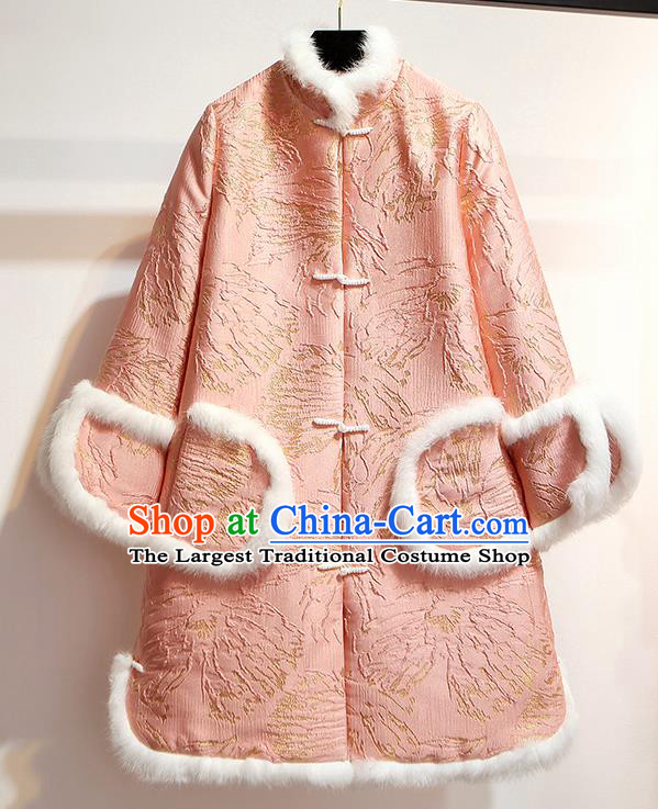 Chinese Traditional Costume Tang Suit Pink Dust Coat Cheongsam Upper Outer Garment for Women