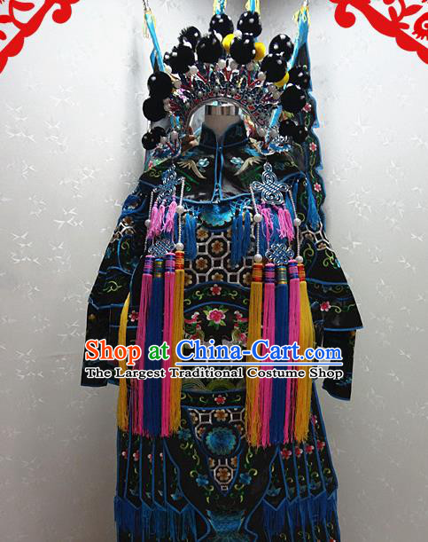 Chinese Traditional Beijing Opera Female General Black Embroidered Clothing Peking Opera Mu Guiying Costume for Adults