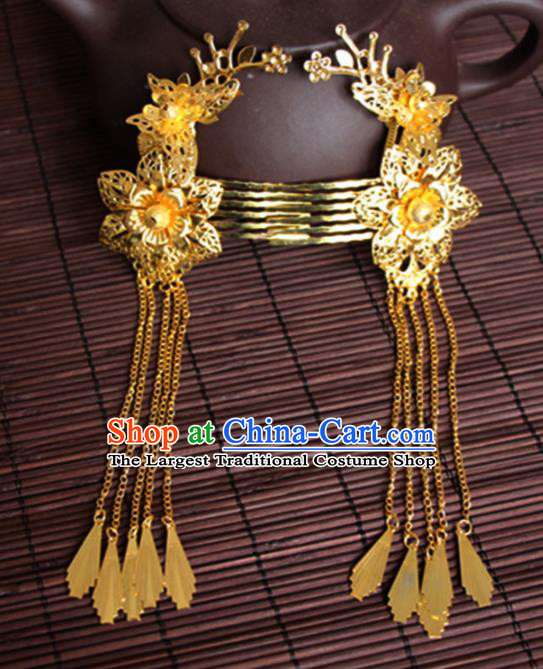 Chinese Traditional Wedding Hair Accessories Ancient Princess Golden Plum Blossom Butterfly Hair Combs for Women