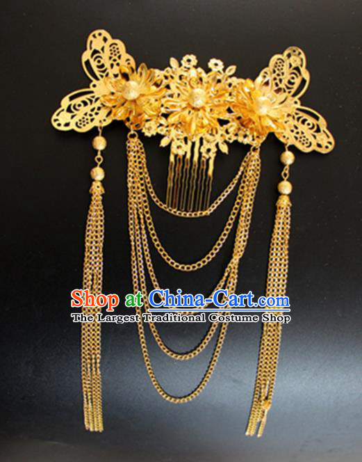 Chinese Traditional Wedding Hair Accessories Ancient Princess Golden Butterfly Tassel Hair Comb for Women