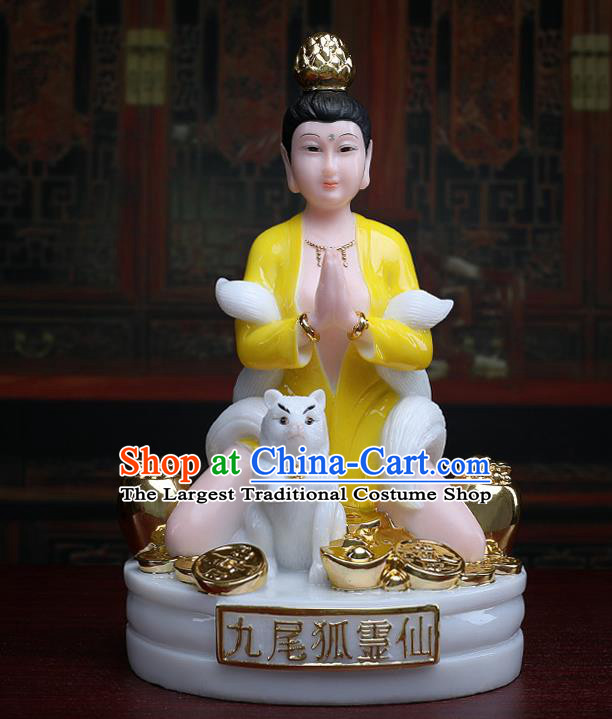 Chinese Traditional Religious Supplies Feng Shui Yellow Gumiho Goddess Statue Taoism Decoration