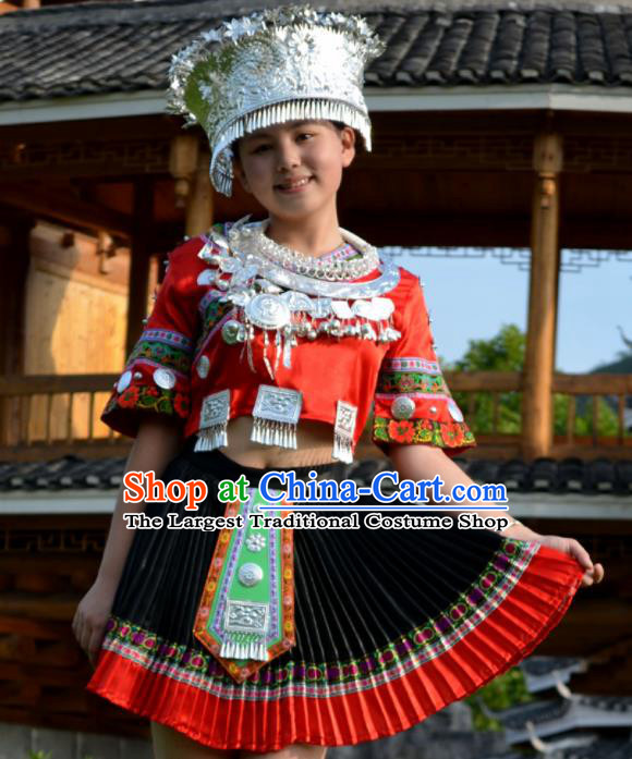 Chinese Traditional Miao Nationality Costume Hmong Ethnic Red Pleated Skirt for Women