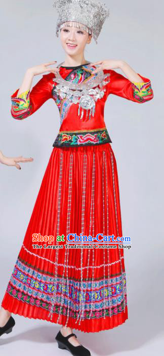 Chinese Traditional Miao Nationality Female Costume Ethnic Folk Dance Bride Red Pleated Skirt for Women