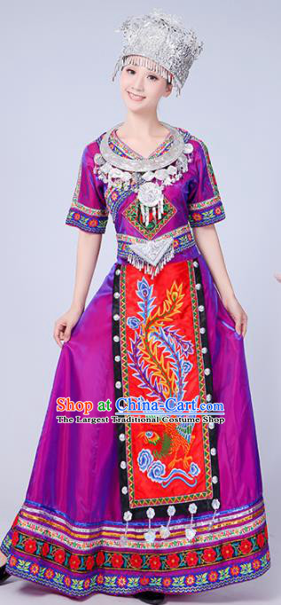 Chinese Traditional Miao Nationality Costume Hmong Female Ethnic Folk Dance Purple Long Dress for Women