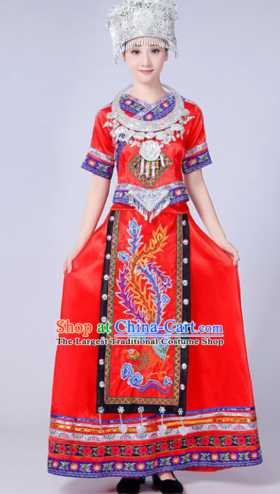 Chinese Traditional Miao Nationality Costume Hmong Female Ethnic Folk Dance Red Long Dress for Women