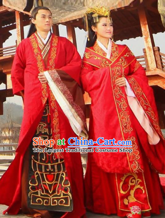 Traditional Chinese Han Dynasty Red Hanfu Dress Ancient Bride and Bridegroom Wedding Historical Costume Complete Set