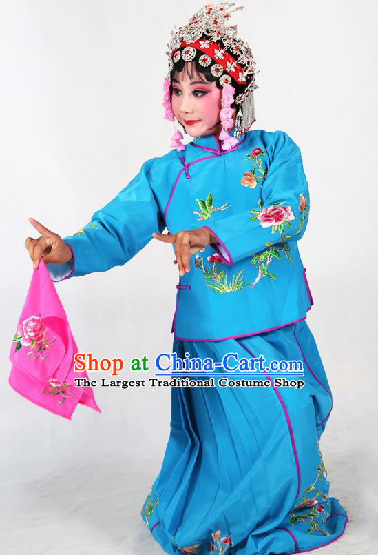 Traditional Chinese Beijing Opera Children Costume Peking Opera Maidservants Deep Blue Dress for Kids