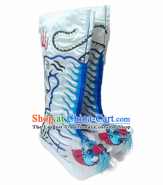 Asian Chinese Beijing Opera Shoes Embroidered Tiger Boots Traditional Peking Opera Takefu White Boots