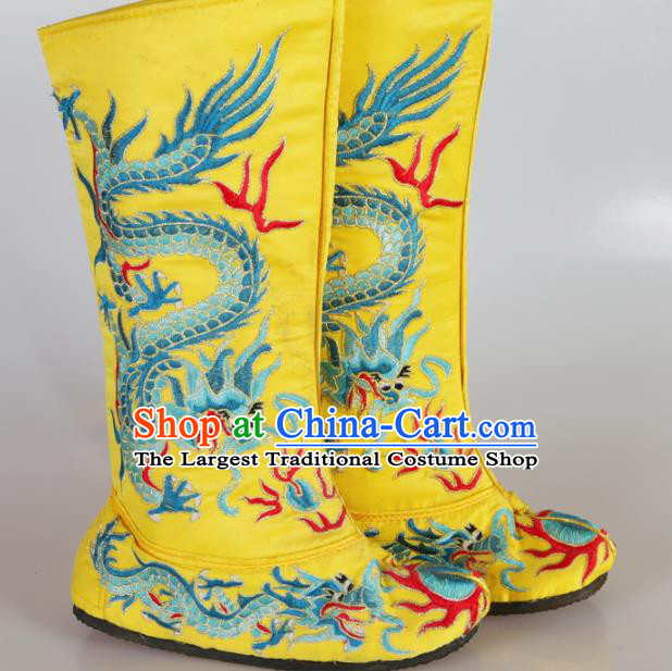 Asian Chinese Beijing Opera Shoes Emperor Yellow Embroidered Boots Traditional Peking Opera Shoes